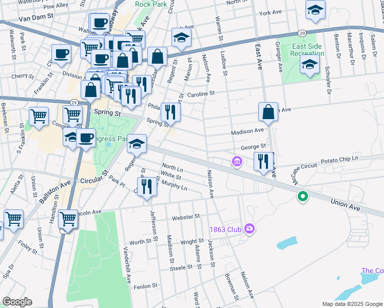 map of restaurants, bars, coffee shops, grocery stores, and more near 101 Union Avenue in Saratoga Springs