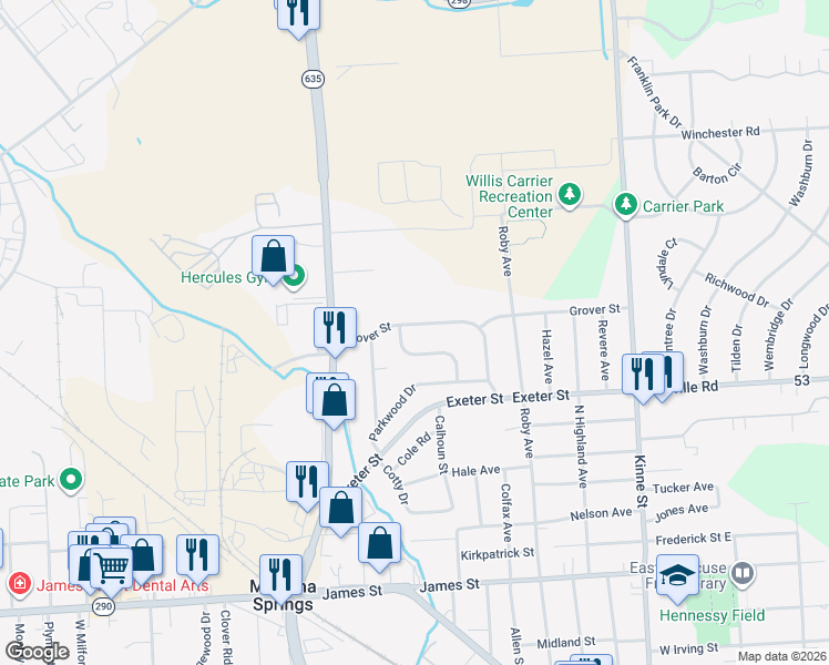 map of restaurants, bars, coffee shops, grocery stores, and more near 20 Grover St in East Syracuse