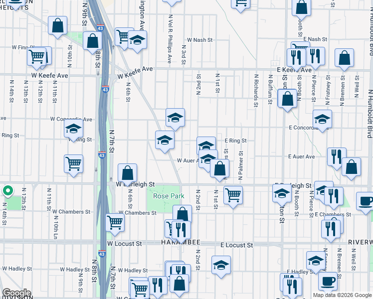 map of restaurants, bars, coffee shops, grocery stores, and more near 3226 North 3rd Street in Milwaukee