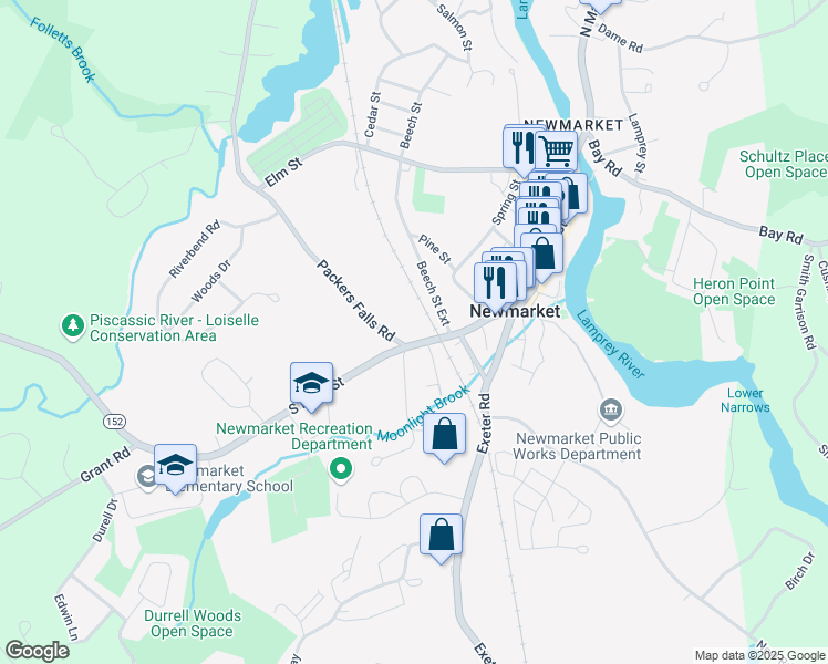 map of restaurants, bars, coffee shops, grocery stores, and more near 196 South Main Street in Newmarket