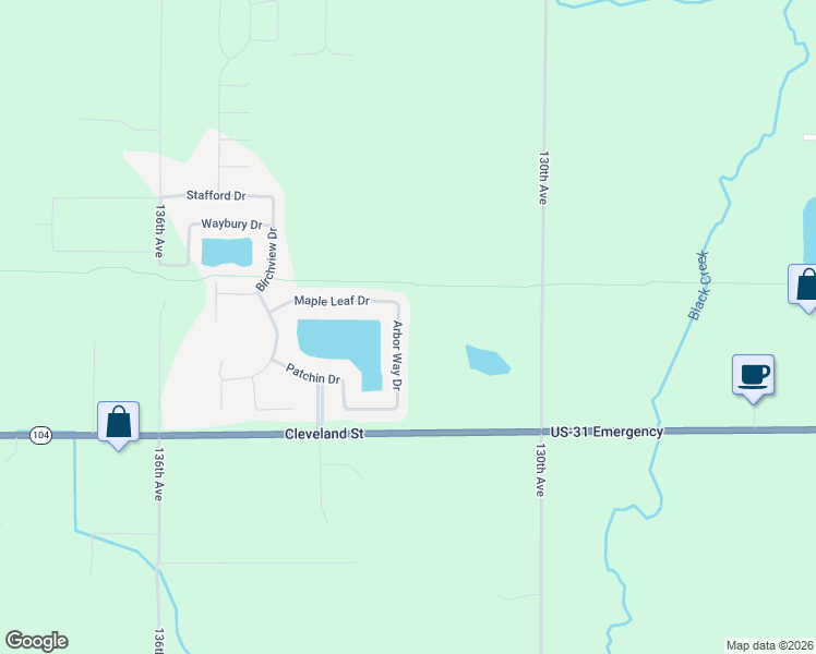 map of restaurants, bars, coffee shops, grocery stores, and more near 16976 Arbor Way Drive in Nunica