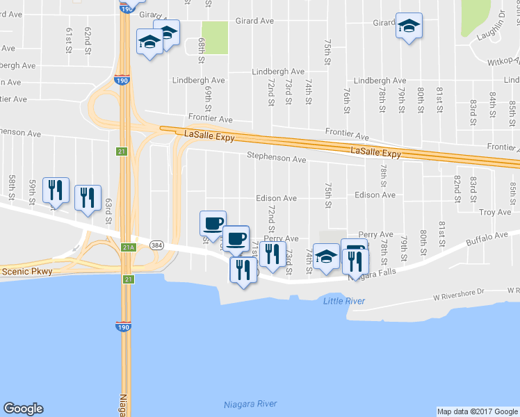 map of restaurants, bars, coffee shops, grocery stores, and more near 245 71st Street in Niagara Falls