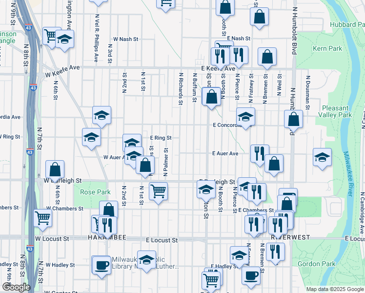 map of restaurants, bars, coffee shops, grocery stores, and more near 3214 North Richards Street in Milwaukee