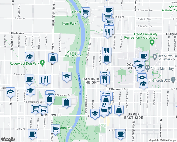 map of restaurants, bars, coffee shops, grocery stores, and more near 3254 North Cambridge Avenue in Milwaukee