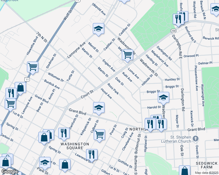map of restaurants, bars, coffee shops, grocery stores, and more near 281 Ross Park in Syracuse