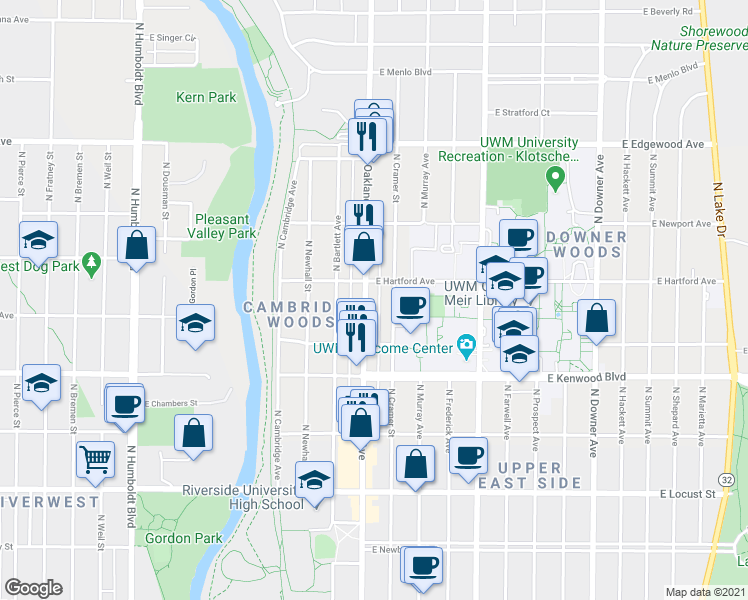 map of restaurants, bars, coffee shops, grocery stores, and more near 3262 North Oakland Avenue in Milwaukee