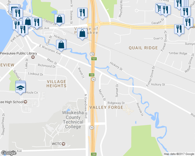 map of restaurants, bars, coffee shops, grocery stores, and more near 111-113 Morris Street in Pewaukee