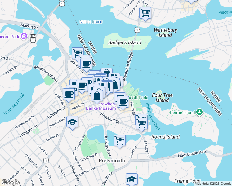 map of restaurants, bars, coffee shops, grocery stores, and more near 461 Court Street in Portsmouth