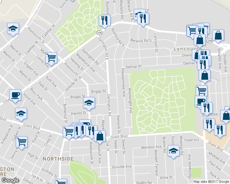 map of restaurants, bars, coffee shops, grocery stores, and more near 305 Kenwick Drive in Syracuse