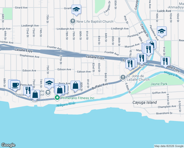 map of restaurants, bars, coffee shops, grocery stores, and more near 172 82nd St in Niagara Falls