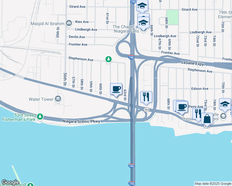 map of restaurants, bars, coffee shops, grocery stores, and more near 130 62nd Street in Niagara Falls