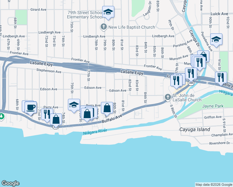 map of restaurants, bars, coffee shops, grocery stores, and more near 185 80th Street in Niagara Falls