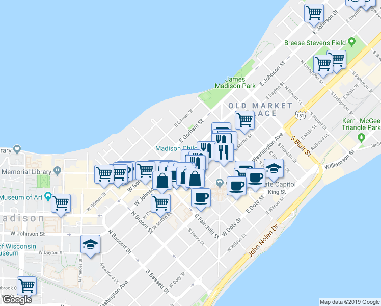 map of restaurants, bars, coffee shops, grocery stores, and more near 9 East Johnson Street in Madison