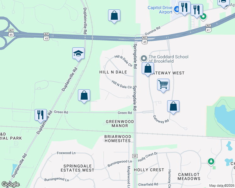 map of restaurants, bars, coffee shops, grocery stores, and more near N31W22104 Shady Lane in Pewaukee