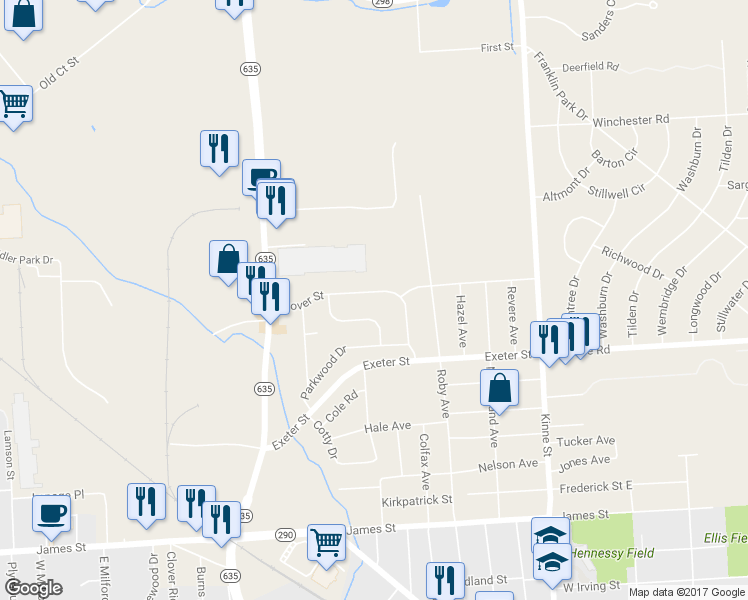 map of restaurants, bars, coffee shops, grocery stores, and more near 32 Grover St in East Syracuse