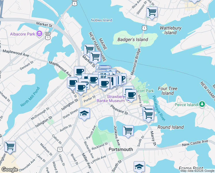 map of restaurants, bars, coffee shops, grocery stores, and more near 60 Penhallow Street in Portsmouth