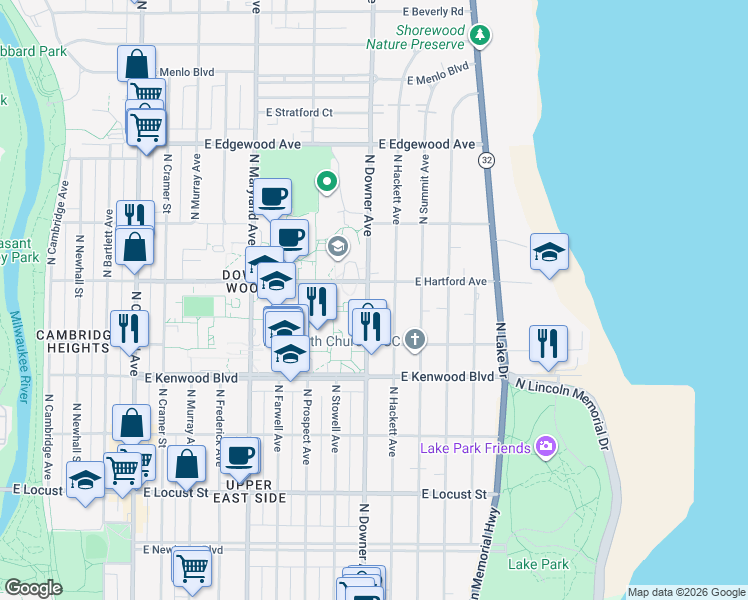 map of restaurants, bars, coffee shops, grocery stores, and more near 3264 North Downer Avenue in Milwaukee