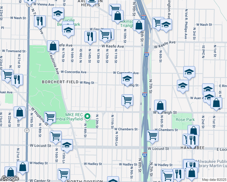 map of restaurants, bars, coffee shops, grocery stores, and more near 3223 North 11th Street in Milwaukee