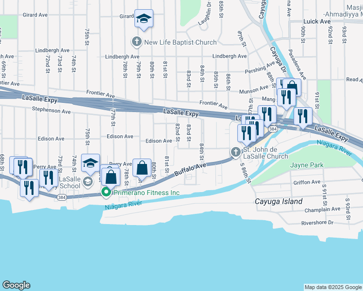 map of restaurants, bars, coffee shops, grocery stores, and more near 172 82nd Street in Niagara Falls