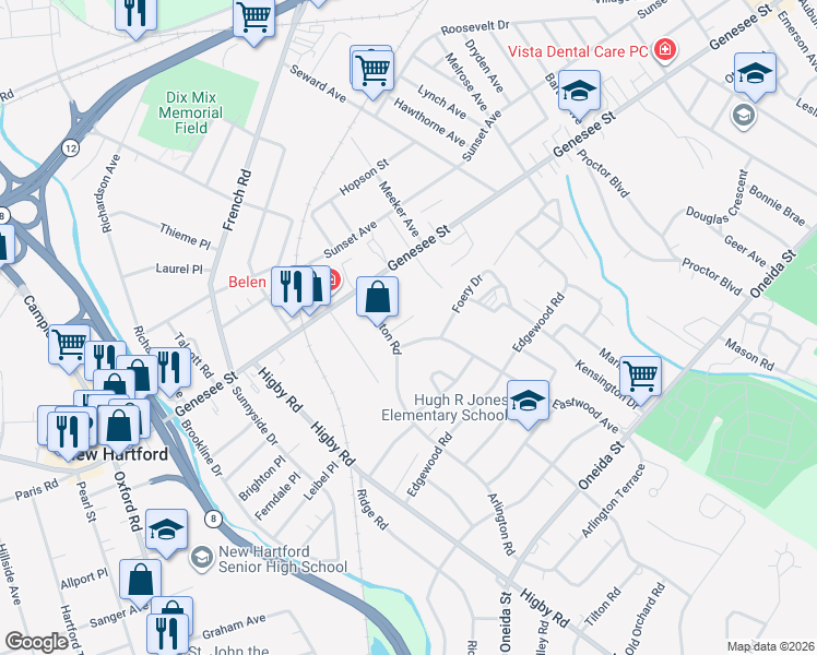 map of restaurants, bars, coffee shops, grocery stores, and more near 7 Regent Court in Utica