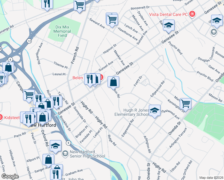map of restaurants, bars, coffee shops, grocery stores, and more near 12 Arlington Rd in Utica