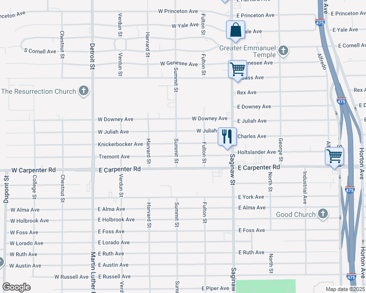 map of restaurants, bars, coffee shops, grocery stores, and more near 1115 Knickerbocker Avenue in Flint