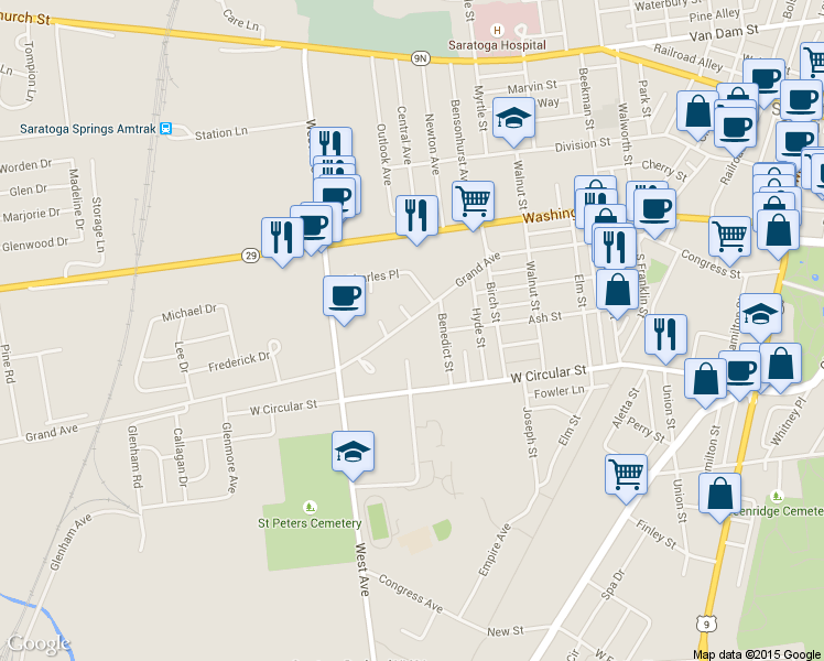 map of restaurants, bars, coffee shops, grocery stores, and more near 266 Grand Avenue in Saratoga Springs