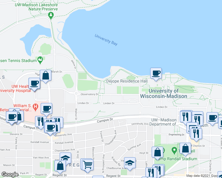 map of restaurants, bars, coffee shops, grocery stores, and more near 2000 Observatory Drive in Madison
