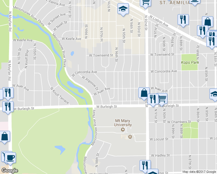map of restaurants, bars, coffee shops, grocery stores, and more near 3202 North 97th Street in Milwaukee