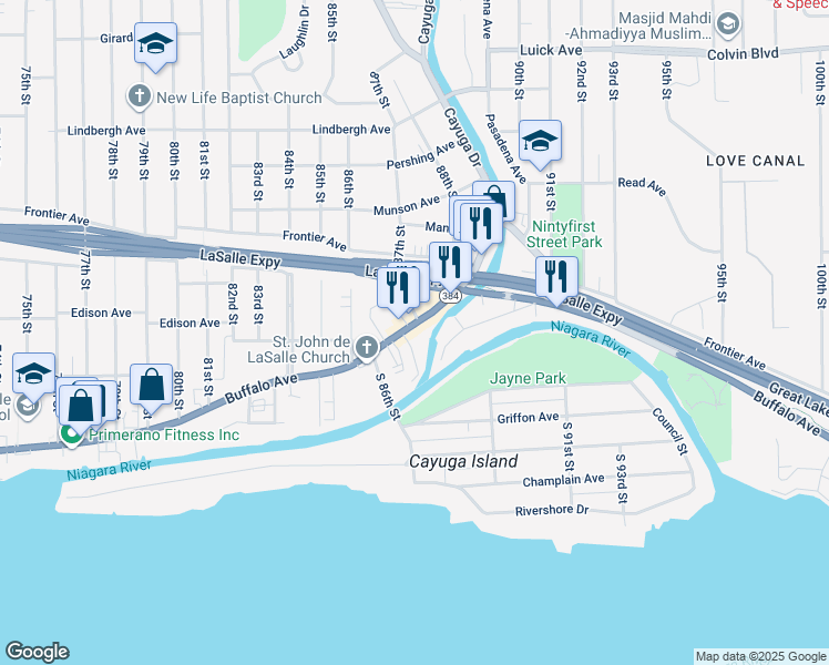 map of restaurants, bars, coffee shops, grocery stores, and more near 8711 Buffalo Avenue in Niagara Falls