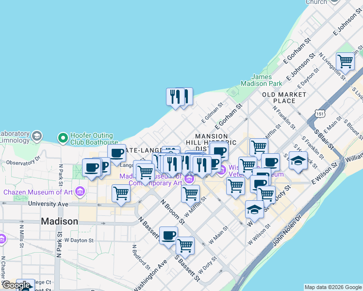 map of restaurants, bars, coffee shops, grocery stores, and more near 420 North Carroll Street in Madison