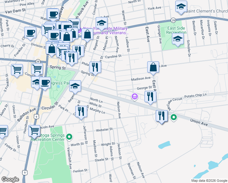 map of restaurants, bars, coffee shops, grocery stores, and more near 168 Nelson Avenue in Saratoga Springs