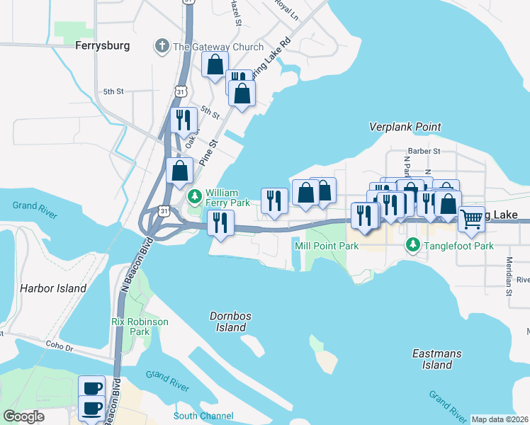 map of restaurants, bars, coffee shops, grocery stores, and more near 917 West Savidge Street in Spring Lake