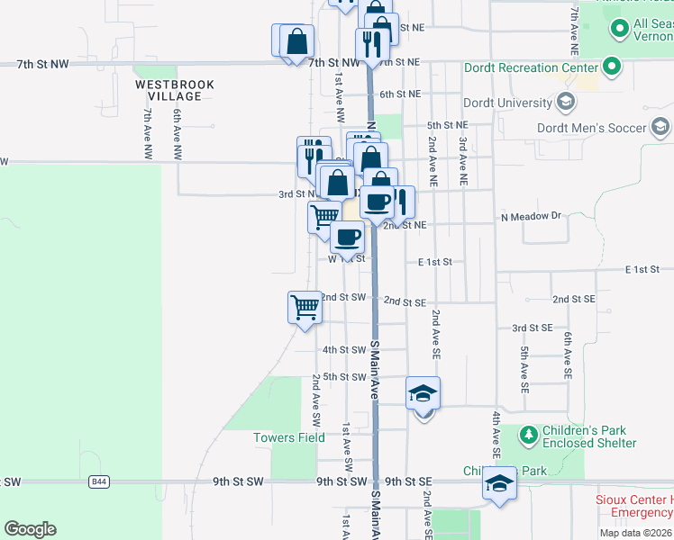 map of restaurants, bars, coffee shops, grocery stores, and more near 101-199 1st Ave SW in Sioux Center
