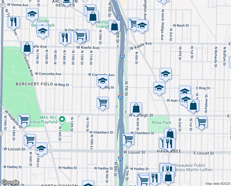 map of restaurants, bars, coffee shops, grocery stores, and more near 3225 North 8th Street in Milwaukee