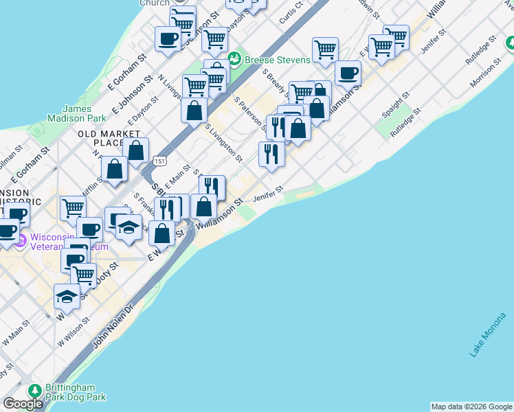 map of restaurants, bars, coffee shops, grocery stores, and more near 729 Jenifer Street in Madison