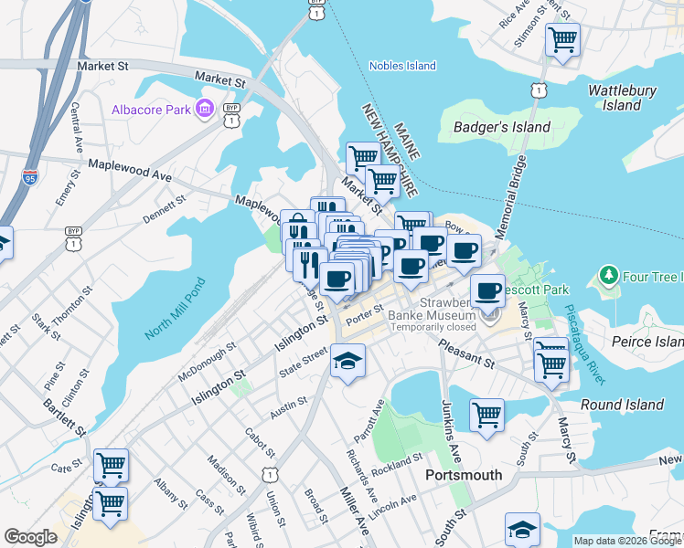map of restaurants, bars, coffee shops, grocery stores, and more near 29 Maplewood Avenue in Portsmouth