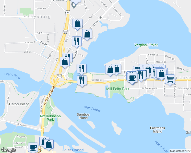map of restaurants, bars, coffee shops, grocery stores, and more near 917 West Savidge Street in Spring Lake