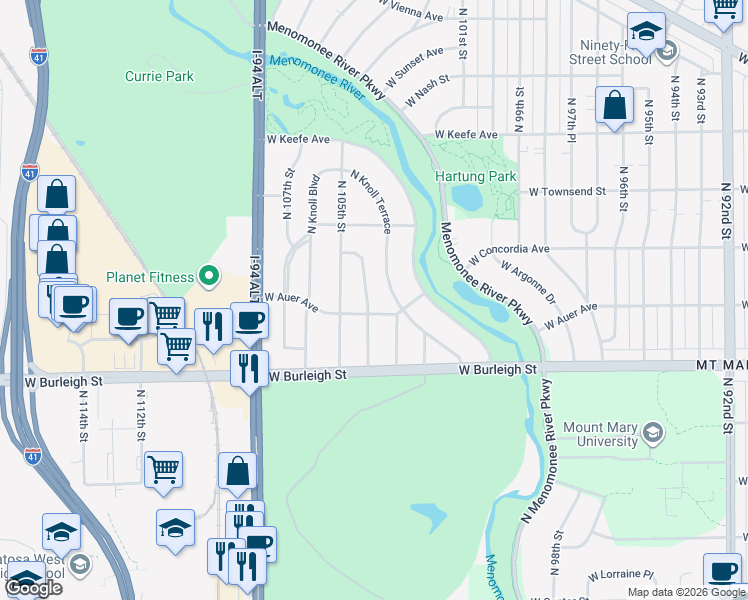 map of restaurants, bars, coffee shops, grocery stores, and more near 3205 North Knoll Terrace in Wauwatosa