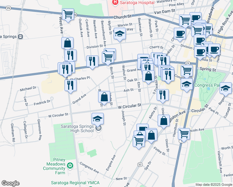 map of restaurants, bars, coffee shops, grocery stores, and more near 138 Ash Street in Saratoga Springs