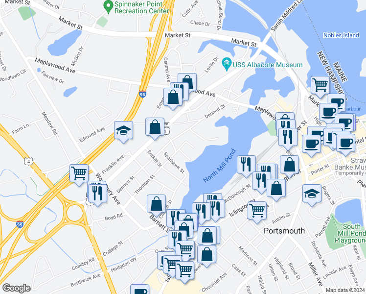 map of restaurants, bars, coffee shops, grocery stores, and more near 55 Thornton Street in Portsmouth
