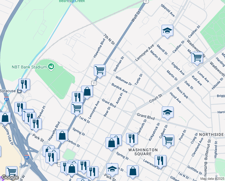 map of restaurants, bars, coffee shops, grocery stores, and more near 115 Murray Avenue in Syracuse