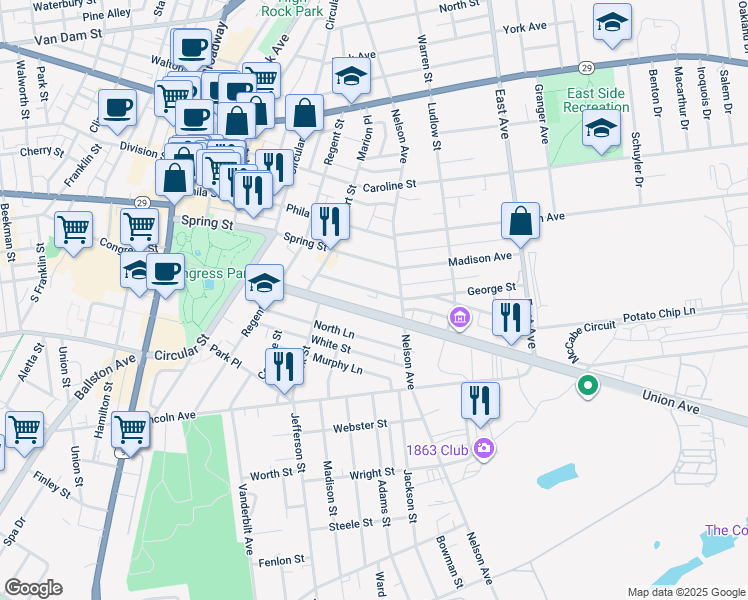 map of restaurants, bars, coffee shops, grocery stores, and more near 101 Union Avenue in Saratoga Springs