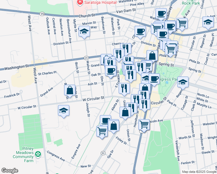 map of restaurants, bars, coffee shops, grocery stores, and more near 26 Beekman Street in Saratoga Springs