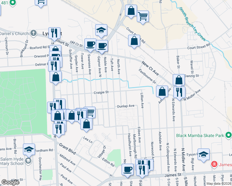 map of restaurants, bars, coffee shops, grocery stores, and more near 625 North Avenue in Syracuse