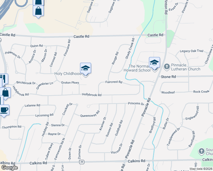 map of restaurants, bars, coffee shops, grocery stores, and more near 75 Faircrest Road in Rochester