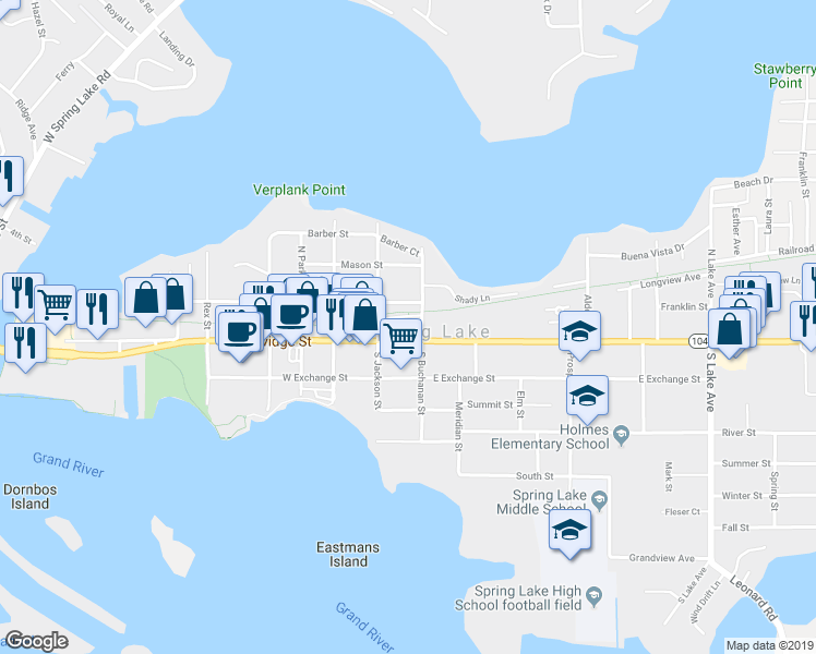 map of restaurants, bars, coffee shops, grocery stores, and more near in Spring Lake