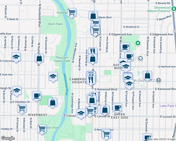 map of restaurants, bars, coffee shops, grocery stores, and more near 3261A North Oakland Avenue in Milwaukee