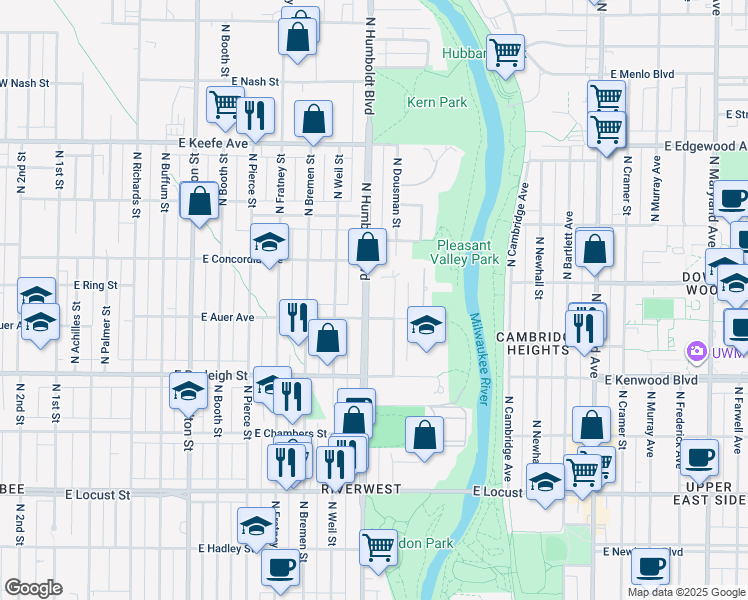 map of restaurants, bars, coffee shops, grocery stores, and more near 3227 North Dousman Street in Milwaukee