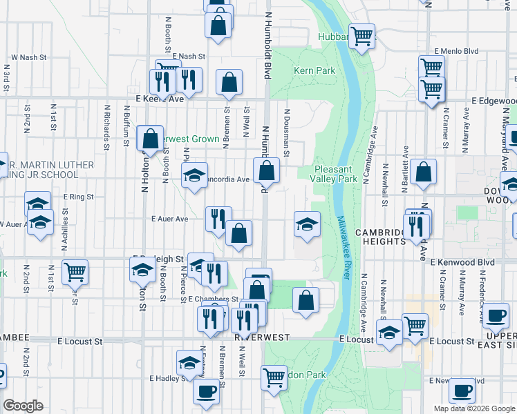 map of restaurants, bars, coffee shops, grocery stores, and more near 3218 North Weil Street in Milwaukee